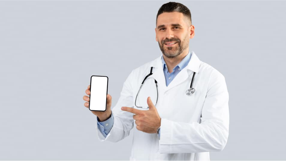 Doctor holding mobile phone.
