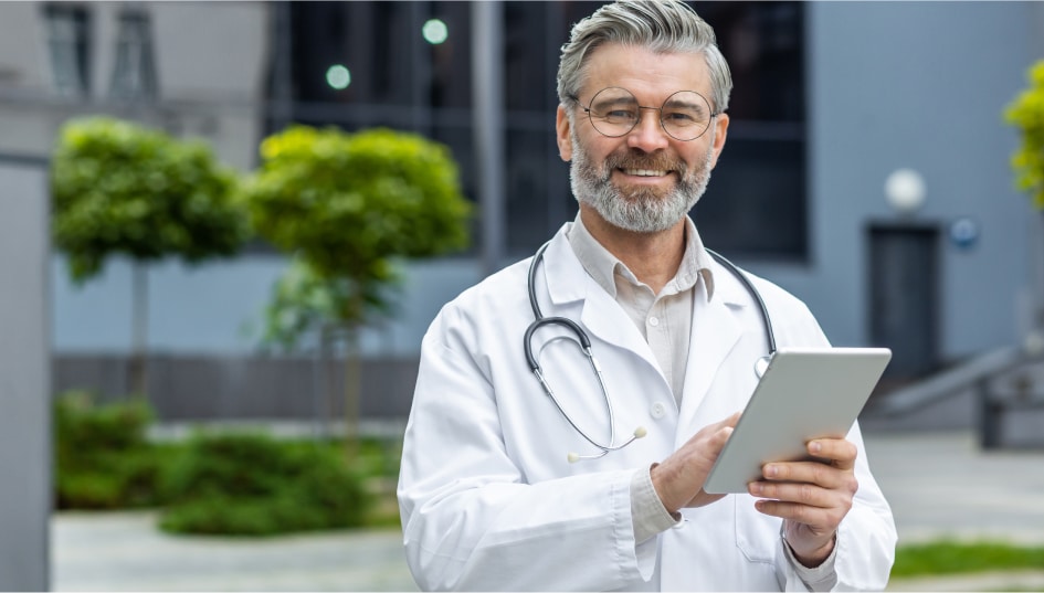 Doctor smiling with a tablet on his hand